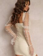 lovery Rochie Mini Bejă cu croi mulat cu inserții de tul transparent Oiucan