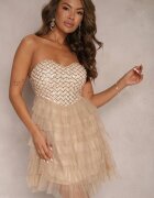lovery Rochie mini de tul bej cu croială evazată cu zirconii Klonore
