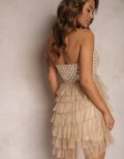 lovery Rochie mini de tul bej cu croială evazată cu zirconii Klonore