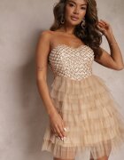 lovery Rochie mini de tul bej cu croială evazată cu zirconii Klonore