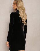 lovery Rochie Mini din Catifea Neagră cu Guler Înalt și Franjuri cu Strasuri Modrina