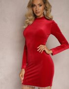 lovery Rochie mini din velur bordo cu guler înalt și franjuri cu zirconii Modrina