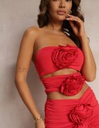 lovery Rochie Mini Roșie Încrețită Mulate cu Flori Decorative Fără Bretele Sherid