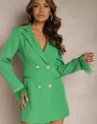 lovery Rochie Mini Sacou Cambrată Verde cu Pene și Zirconii Cammano