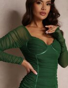 lovery Rochie Mini Verde închis Mulată cu Încrețituri și cu Mâneci Lungi Milyena