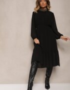 lovery Rochie Neagră cu Aplicații pe Guler înalt și cu Elastic în Talie Lilora