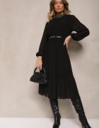 lovery Rochie Neagră cu Aplicații pe Guler înalt și cu Elastic în Talie Lilora