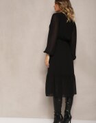 lovery Rochie Neagră cu Aplicații pe Guler înalt și cu Elastic în Talie Lilora