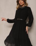 lovery Rochie Neagră cu Aplicații pe Guler înalt și cu Elastic în Talie Lilora