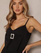 lovery Rochie Neagră cu croială balon cu fundiță la decolteu și cu zirconiu Palonira