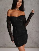 lovery Rochie Neagră Mulată Mini cu drapaje și Mâneci lungi Milyena