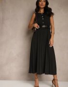 lovery Rochie Neagră Plisată cu Croi Evazat Fără Mâneci cu Curea cu Cataramă Iffule