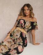 lovery Rochie Neagră Spaniolă cu Imprimeu Floral și Curea Împletită Sadeene
