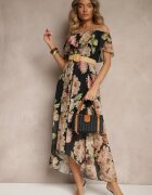 lovery Rochie Neagră Spaniolă cu Imprimeu Floral și Curea Împletită Sadeene
