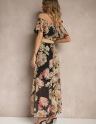 lovery Rochie Neagră Spaniolă cu Imprimeu Floral și Curea Împletită Sadeene
