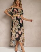 lovery Rochie Neagră Spaniolă cu Imprimeu Floral și Curea Împletită Sadeene