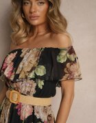 lovery Rochie Neagră Spaniolă cu Imprimeu Floral și Curea Împletită Sadeene