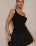 lovery Rochie neagră tip balon cu un singur umăr cu bordură decorativă Amovia