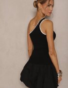 lovery Rochie neagră tip balon cu un singur umăr cu bordură decorativă Amovia