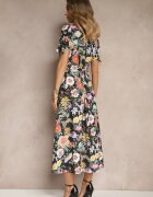 lovery Rochie Neagră tip cămașă cu flori cu croială evazată cu curea Fevalirra