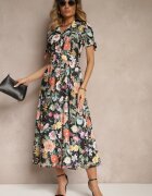lovery Rochie Neagră tip cămașă cu flori cu croială evazată cu curea Fevalirra