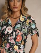 lovery Rochie Neagră tip cămașă cu flori cu croială evazată cu curea Fevalirra