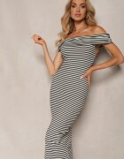 lovery Rochie negru-albă în dungi cu croială spaniolă cu șliț Vikitessa