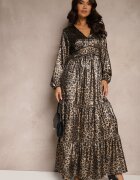 lovery Rochie Negru-Aurie cu Imprimeu Leopard cu Croială Cloș cu Volane și Elastic în Talie Firintina