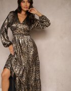 lovery Rochie Negru-Aurie cu Imprimeu Leopard cu Croială Cloș cu Volane și Elastic în Talie Firintina