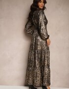 lovery Rochie Negru-Aurie cu Imprimeu Leopard cu Croială Cloș cu Volane și Elastic în Talie Firintina