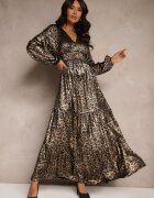 lovery Rochie Negru-Aurie cu Imprimeu Leopard cu Croială Cloș cu Volane și Elastic în Talie Firintina