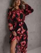 lovery Rochie Negru-Roșie cu croială dreaptă cu imprimeu floral decorată cu centură Acexia