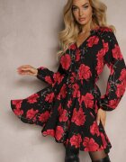 lovery Rochie Negru-Roșie cu Imprimeu Floral cu Croială Evazată cu Legătură în Talie Ameriana