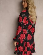 lovery Rochie Negru-Roșie cu Imprimeu Floral cu Croială Evazată cu Legătură în Talie Ameriana
