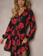 lovery Rochie Negru-Roșie cu Imprimeu Floral cu Croială Evazată cu Legătură în Talie Ameriana