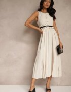 lovery Rochie Plisată Bej cu croială evazată fără mâneci cu curea cu cataramă Iffule