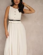 lovery Rochie Plisată Bej cu croială evazată fără mâneci cu curea cu cataramă Iffule