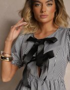lovery Rochie Retro Neagră în carouri Vichy cu croi evazat cu legătură Temarea