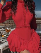 lovery Rochie Roșie Evazată Salopetă Taliată cu Volane și Dantelă Pokisa