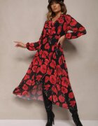 lovery Rochie Roșu-Negru Asimetrică Florală cu Decolteu Petrecut și Elastic în Talie Viradi