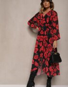 lovery Rochie Roșu-Negru Asimetrică Florală cu Decolteu Petrecut și Elastic în Talie Viradi
