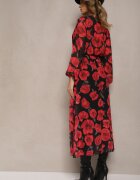lovery Rochie Roșu-Negru Asimetrică Florală cu Decolteu Petrecut și Elastic în Talie Viradi