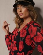 lovery Rochie Roșu-Negru Asimetrică Florală cu Decolteu Petrecut și Elastic în Talie Viradi