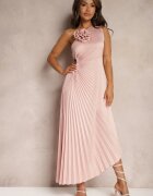 lovery Rochie Roz Asimetrică cu Tiv Plisat și Aplicație în formă de Floare Fevima