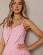 lovery Rochie Roz cu croi balon cu fundiță la decolteu și cu zirconii Palonira