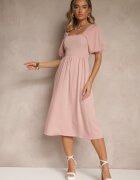 lovery Rochie Roză cu croială evazată decorată cu mâneci bufante Kolalira