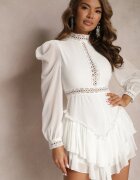 lovery Rochie-Salopetă Cloș Albă Cambrată cu Volane și Dantelă Pokisa