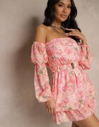lovery Rochie spaniolă roz deschis din viscoză cu flori cu curea și volane Zelmoi