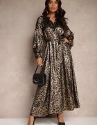 lovery Rochie Strălucitoare Negru-Auriu cu imprimeu leopard Legată în Talie Alissin