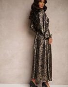 lovery Rochie Strălucitoare Negru-Auriu cu imprimeu leopard Legată în Talie Alissin